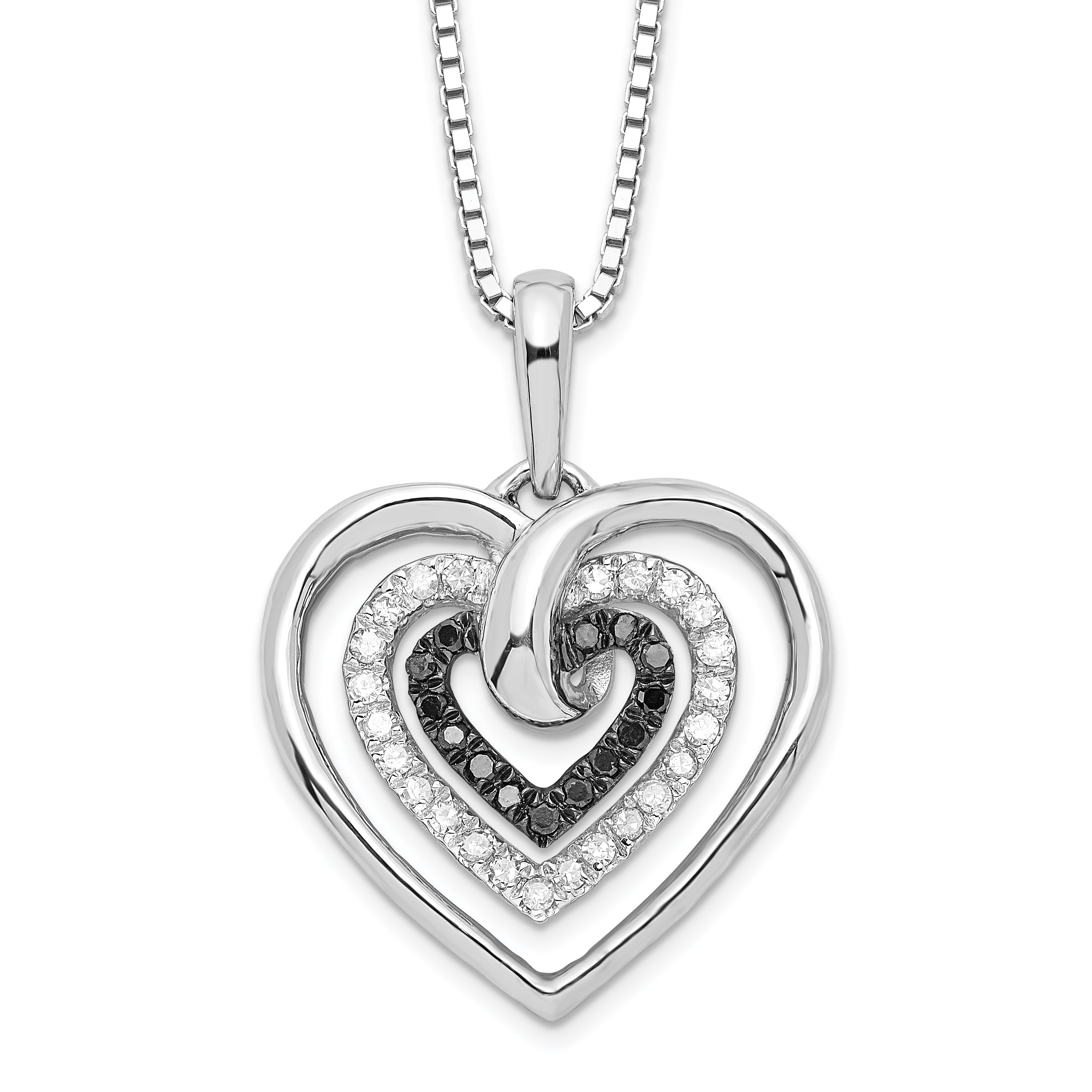 White Night Sterling Silver Rhodium-plated Black and White Diamond Triple Heart 18 Inch Necklace with 2 Inch Extender