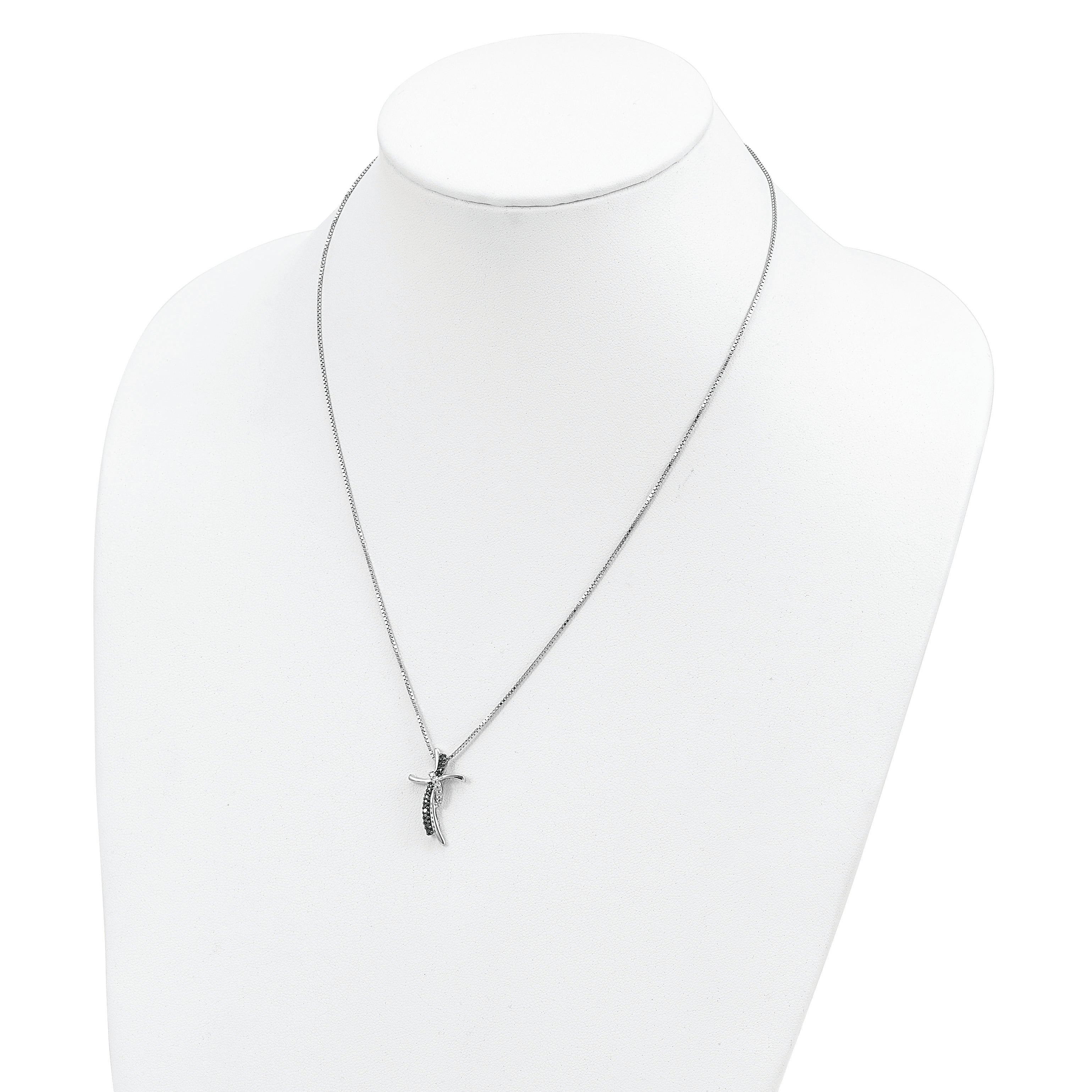 White Night Sterling Silver Rhodium-plated Black and White Diamond Cross 18 Inch Necklace with 2 Inch Extender