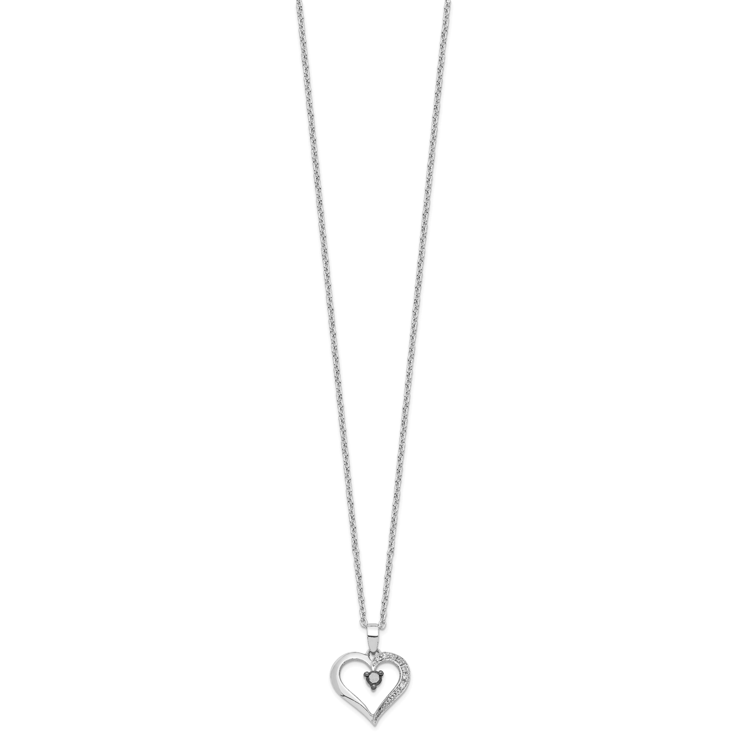 White Night Sterling Silver Rhodium-plated Black and White Diamond Heart 18 Inch Necklace with 2 Inch Extender