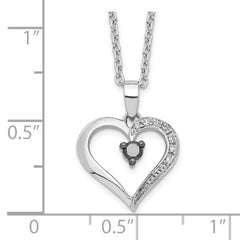 White Night Sterling Silver Rhodium-plated Black and White Diamond Heart 18 Inch Necklace with 2 Inch Extender