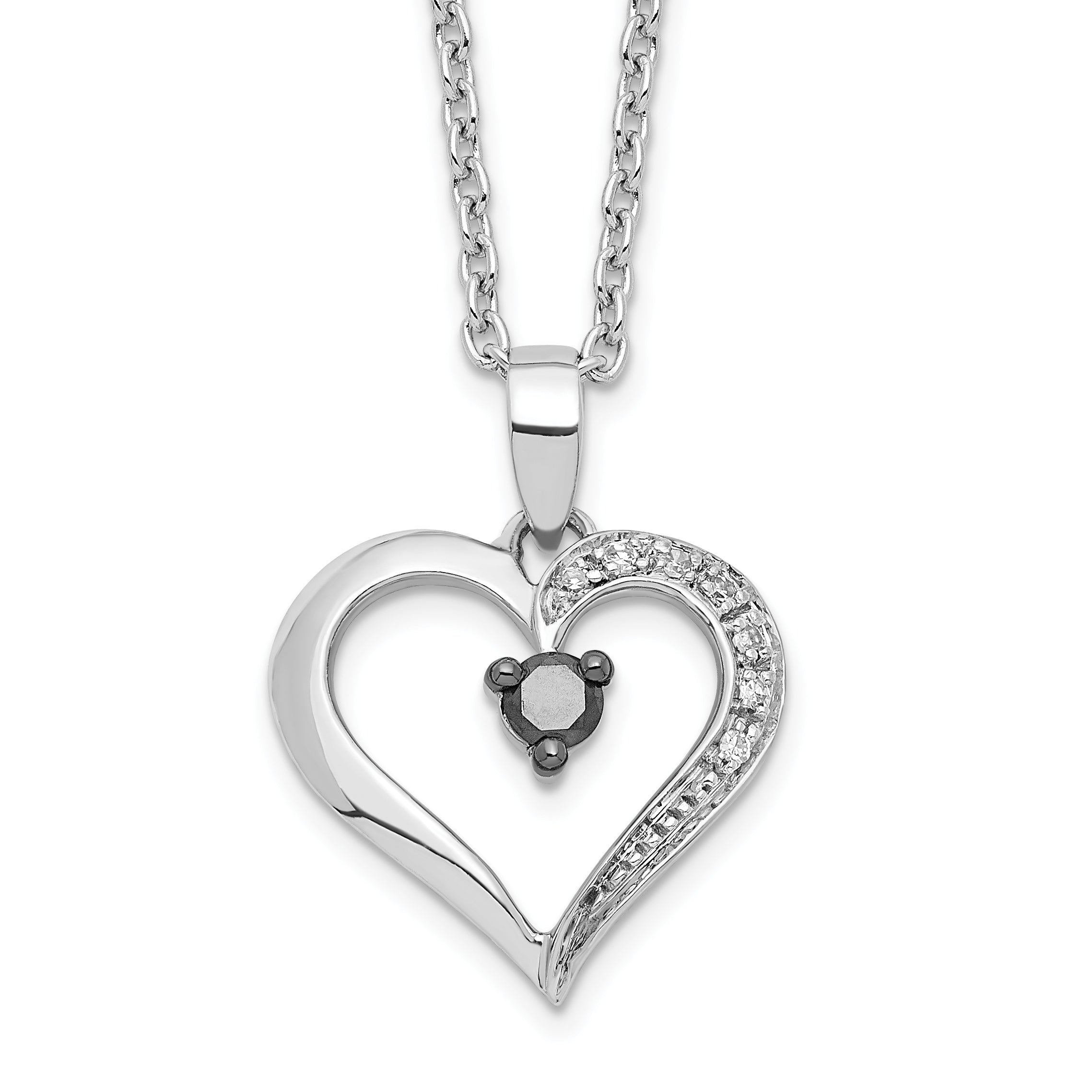 White Night Sterling Silver Rhodium-plated Black and White Diamond Heart 18 Inch Necklace with 2 Inch Extender