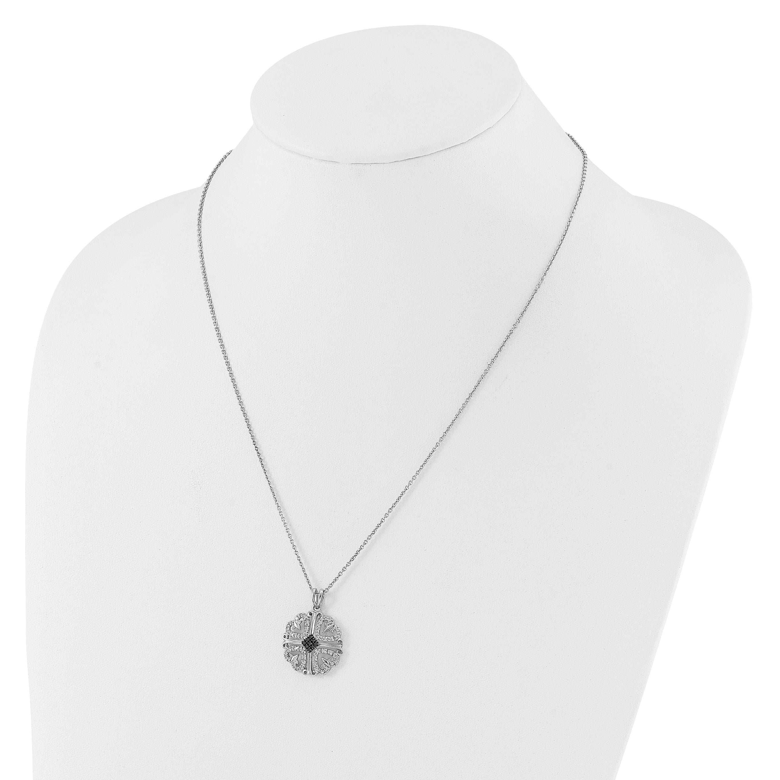 White Night Sterling Silver Rhodium-plated Black and White Diamond 4 Heart Pendant 18 Inch Necklace with 2 Inch Extender