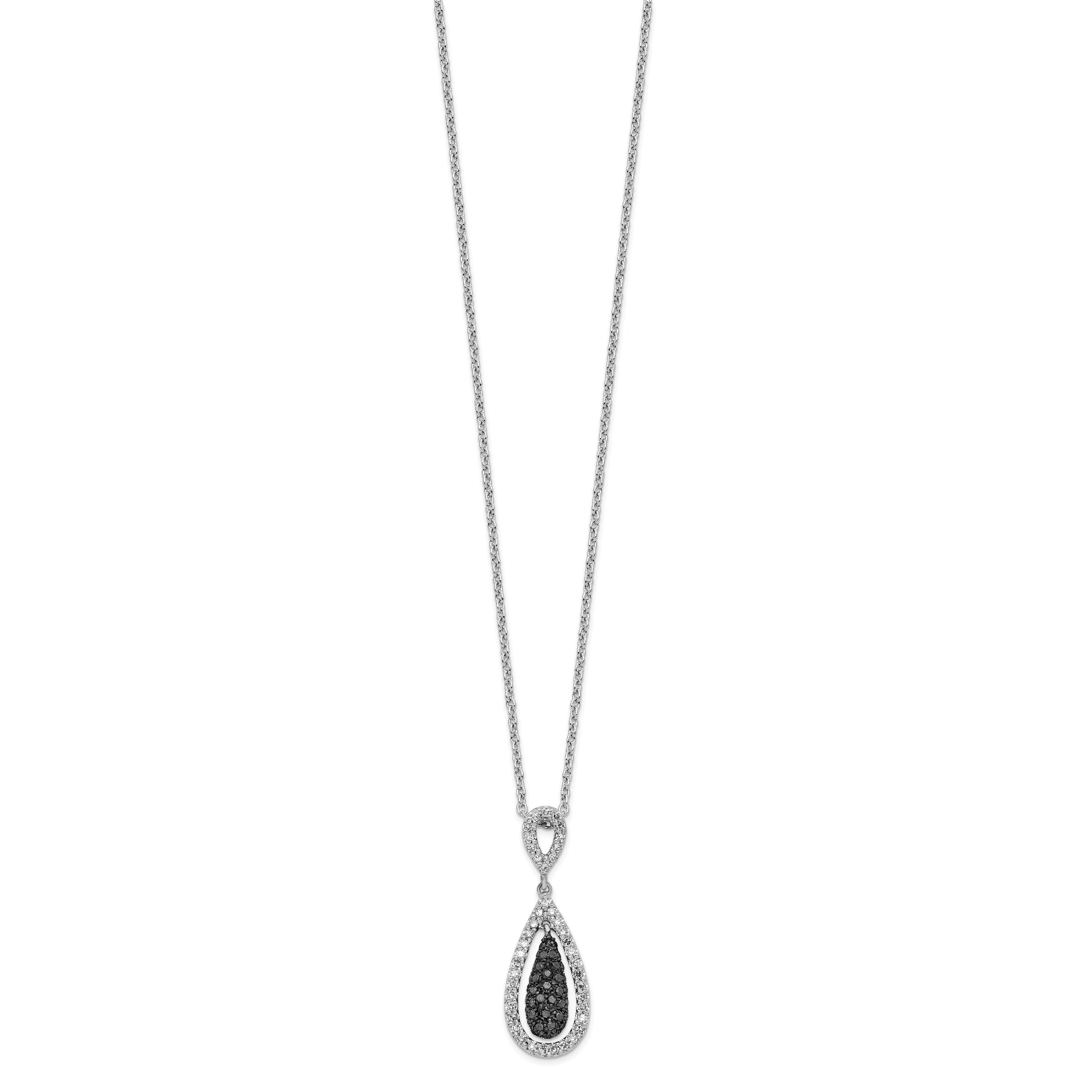 White Night Sterling Silver Rhodium-plated Black and White Diamond Double Teardrop 18 Inch Necklace with 2 Inch Extender