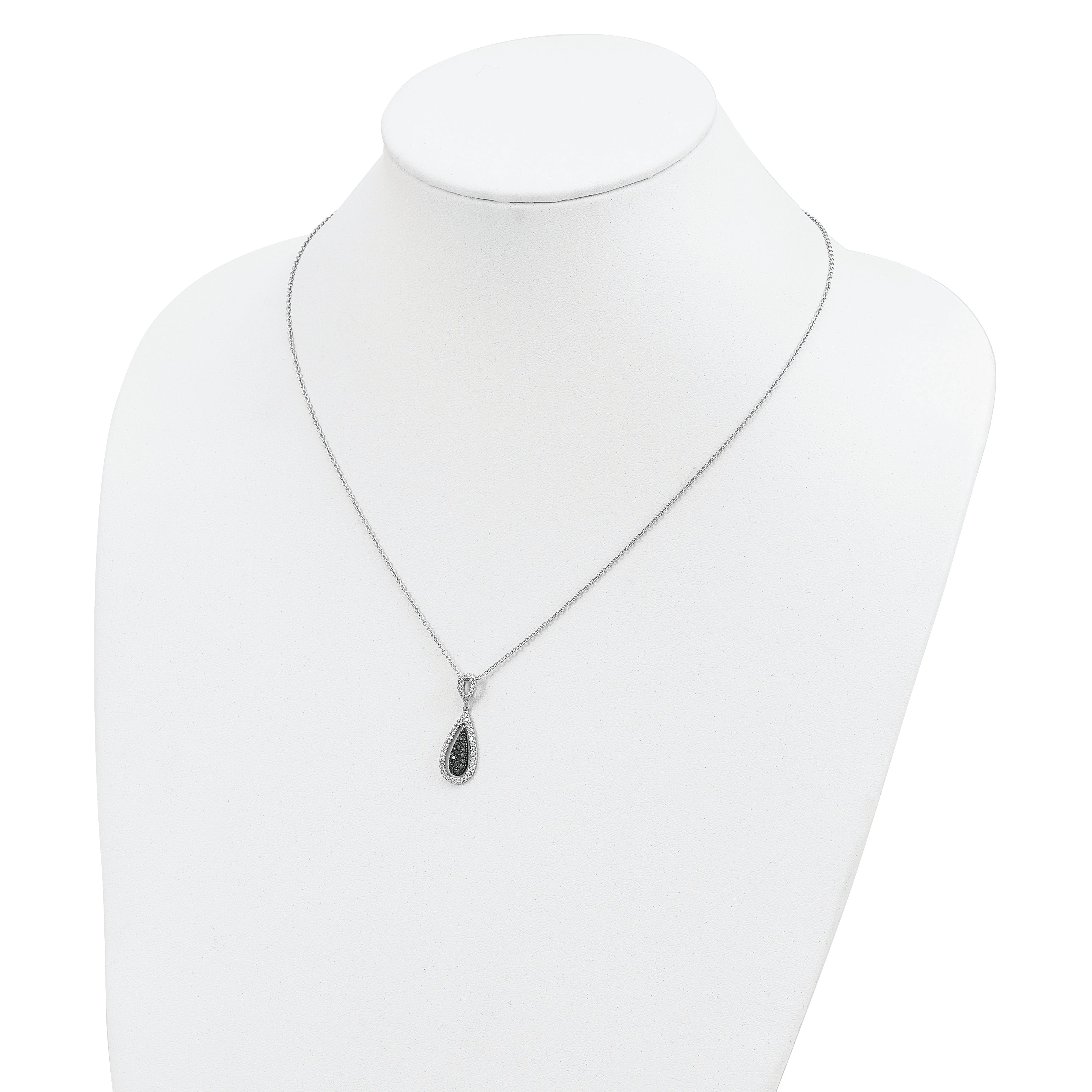 White Night Sterling Silver Rhodium-plated Black and White Diamond Double Teardrop 18 Inch Necklace with 2 Inch Extender