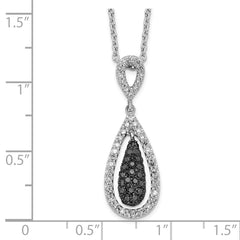 White Night Sterling Silver Rhodium-plated Black and White Diamond Double Teardrop 18 Inch Necklace with 2 Inch Extender