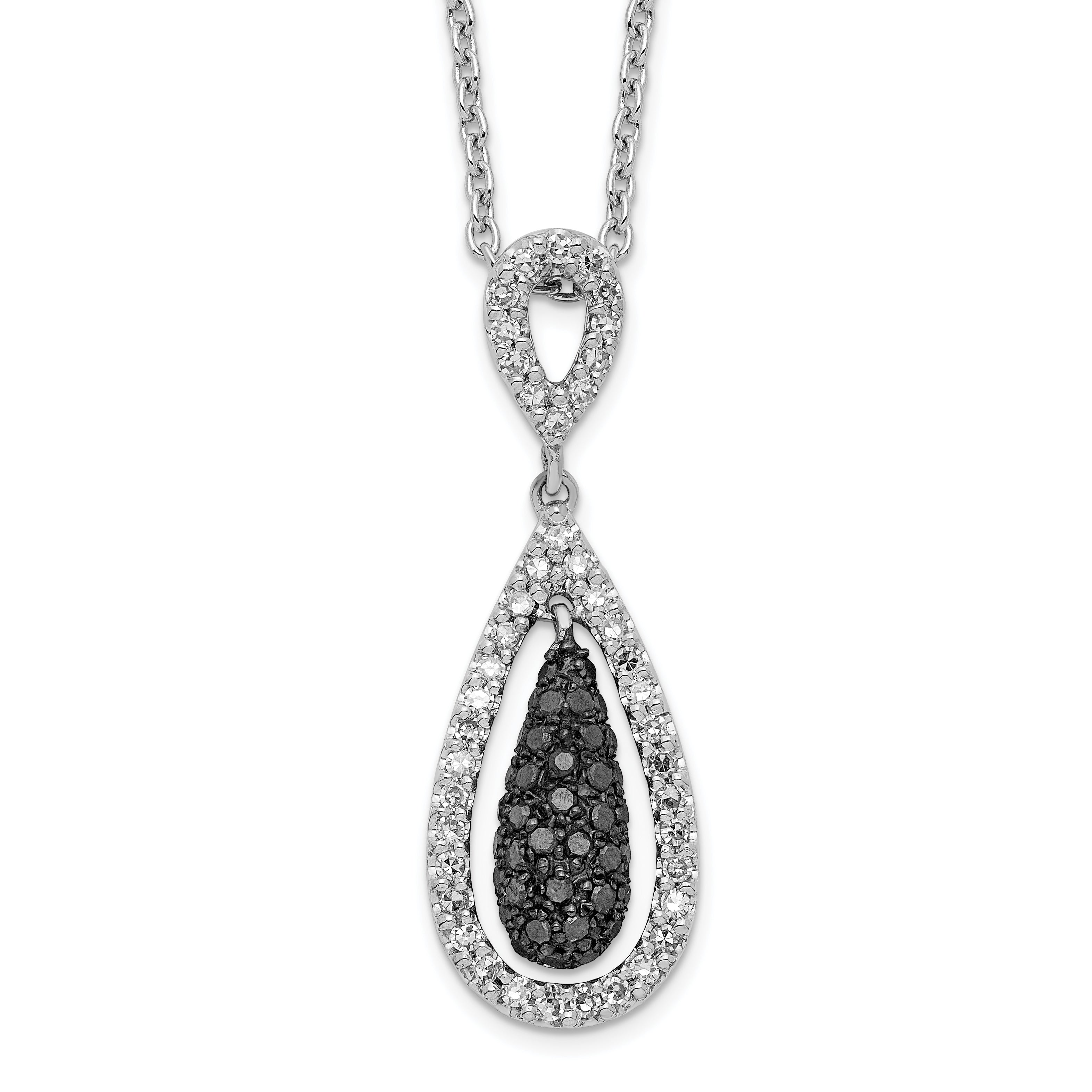 White Night Sterling Silver Rhodium-plated Black and White Diamond Double Teardrop 18 Inch Necklace with 2 Inch Extender