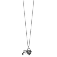 White Night Sterling Silver Rhodium-plated Black and White Diamond Heart and Key 18 Inch Necklace with 2 Inch Extender