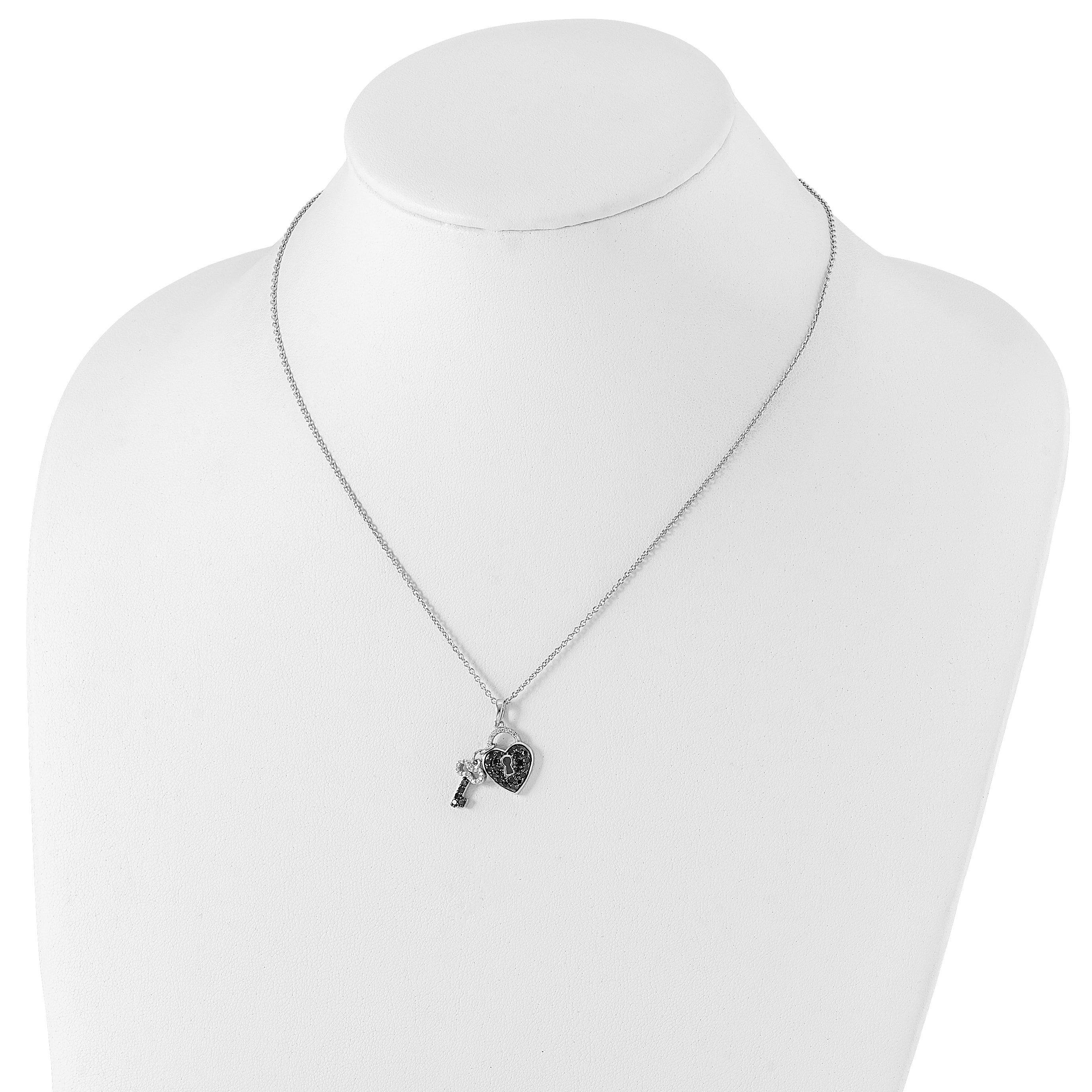 White Night Sterling Silver Rhodium-plated Black and White Diamond Heart and Key 18 Inch Necklace with 2 Inch Extender