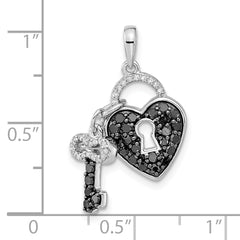 White Night Sterling Silver Rhodium-plated Black and White Diamond Heart and Key 18 Inch Necklace with 2 Inch Extender