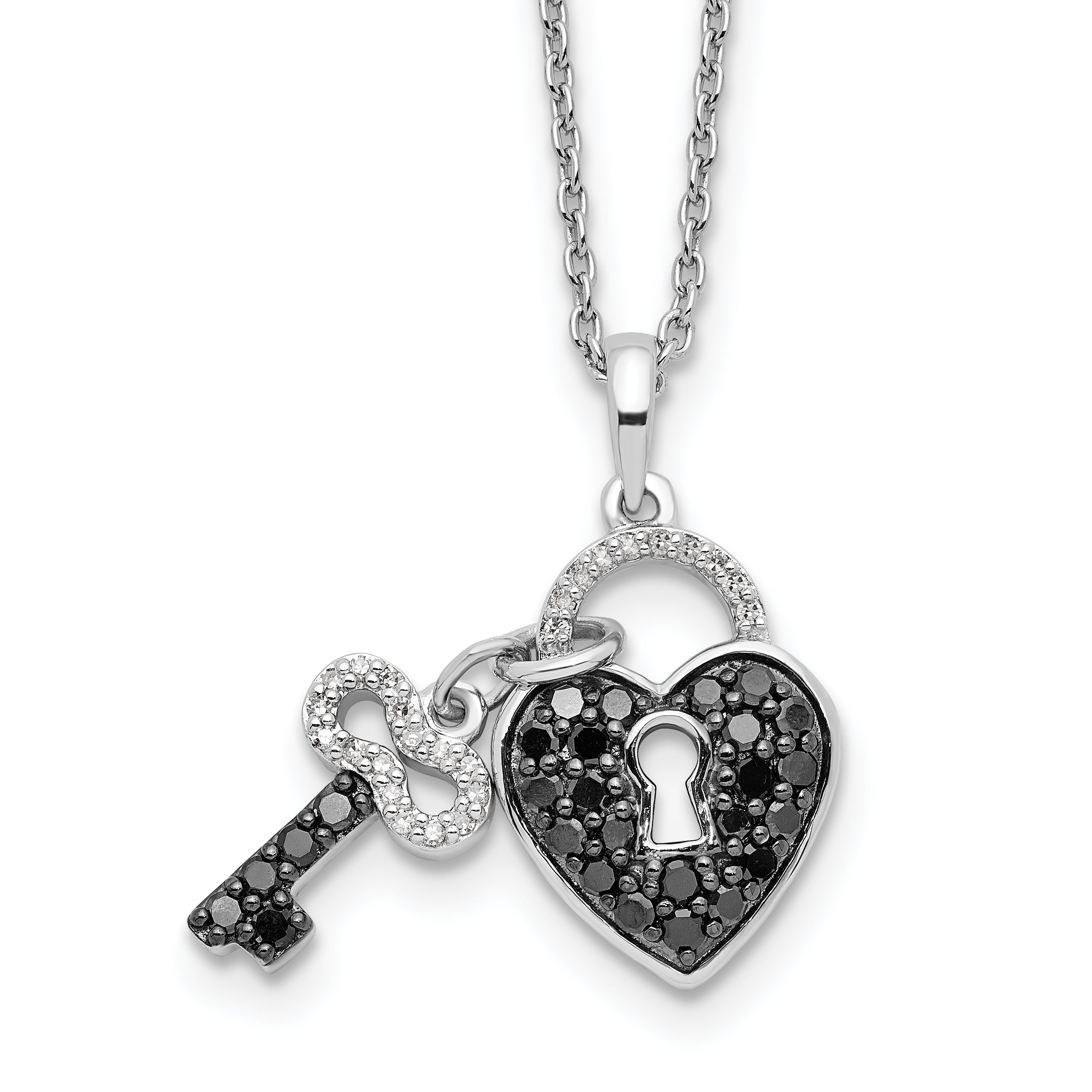 White Night Sterling Silver Rhodium-plated Black and White Diamond Heart and Key 18 Inch Necklace with 2 Inch Extender