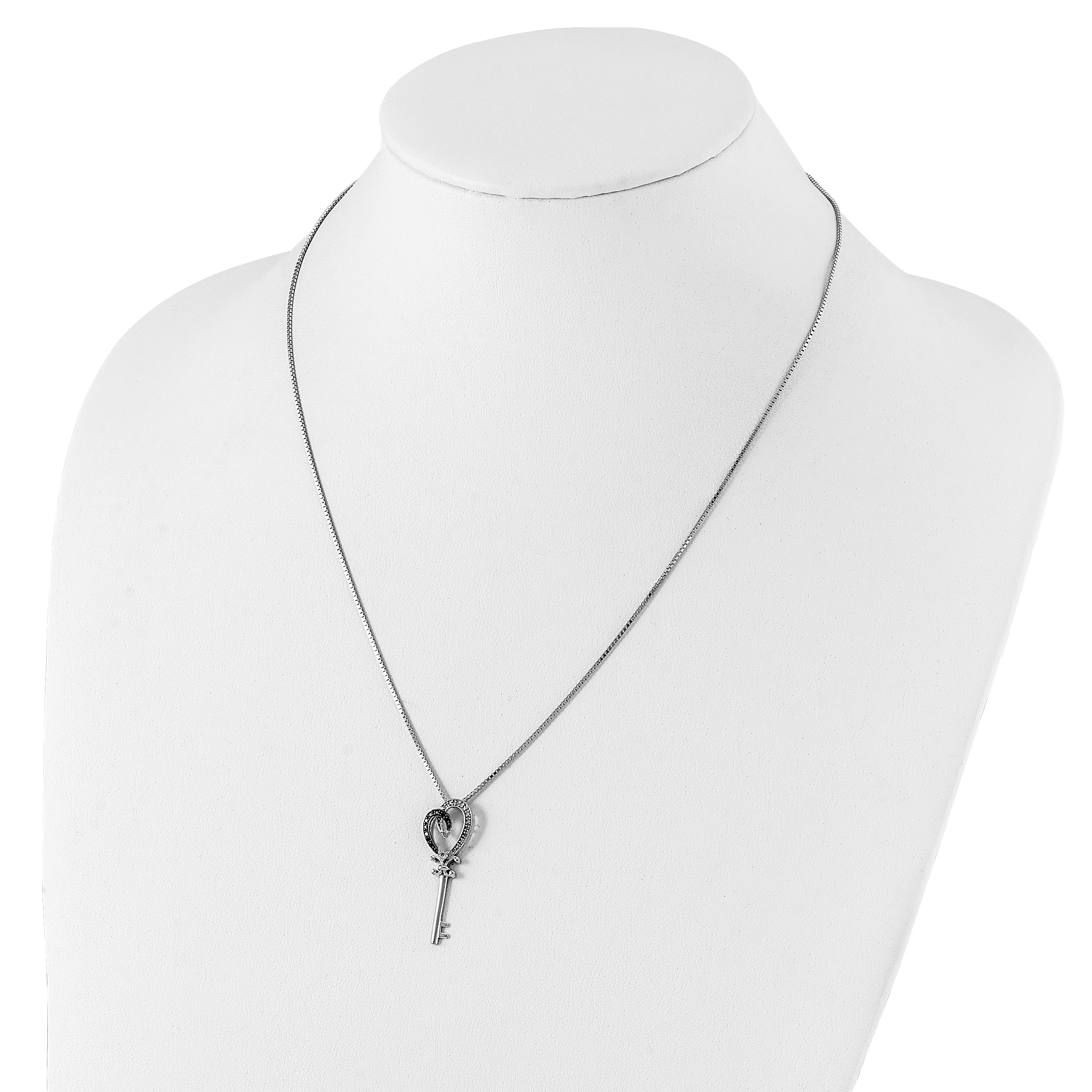 White Night Sterling Silver Rhodium-plated Black and White Diamond Heart and Key 18 Inch Necklace with 2 Inch Extender