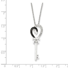 White Night Sterling Silver Rhodium-plated Black and White Diamond Heart and Key 18 Inch Necklace with 2 Inch Extender