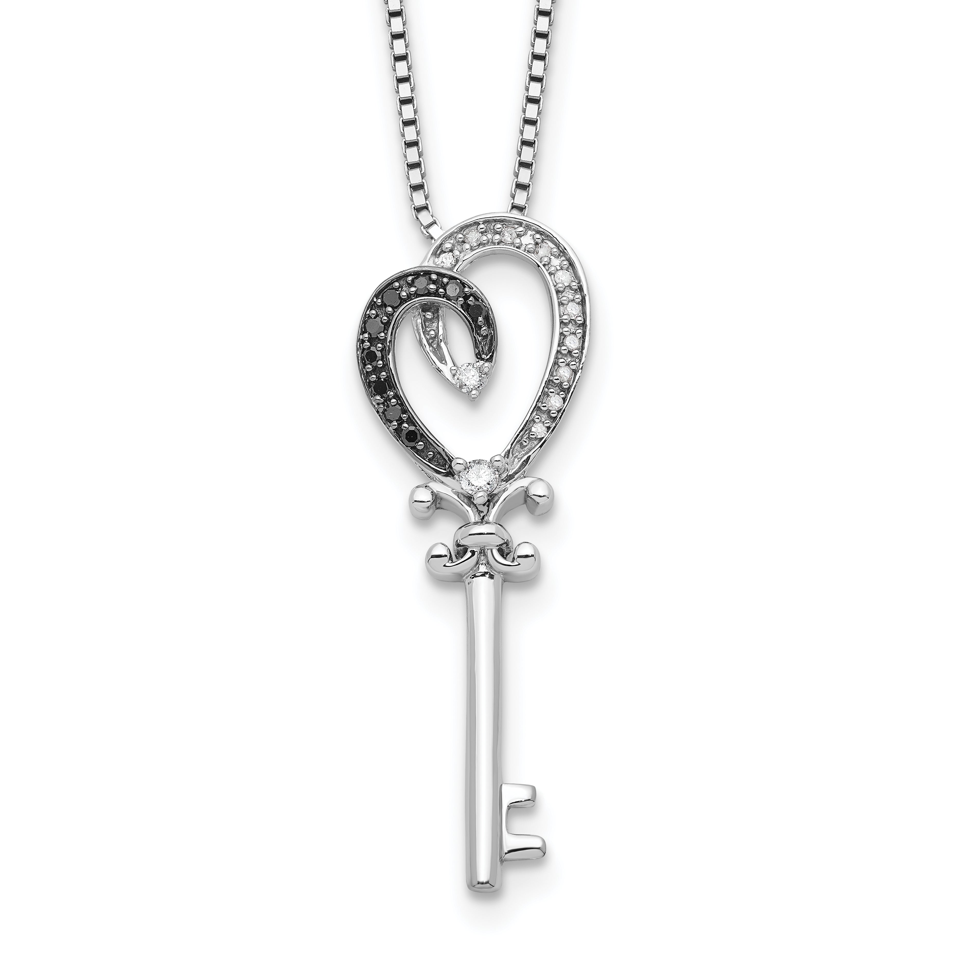 White Night Sterling Silver Rhodium-plated Black and White Diamond Heart and Key 18 Inch Necklace with 2 Inch Extender