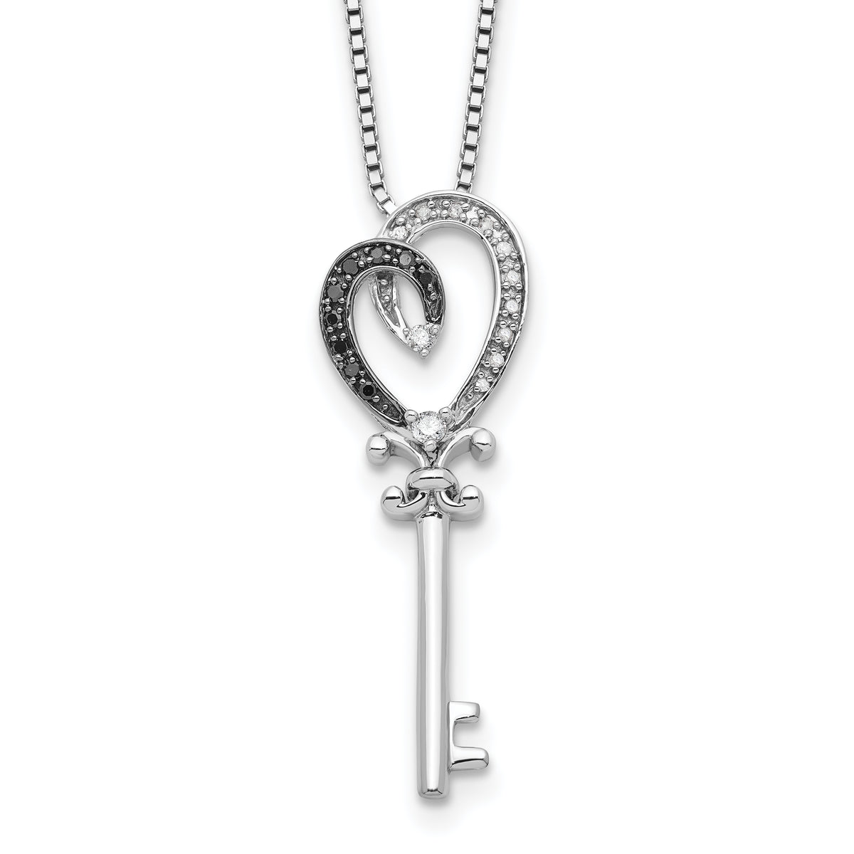 White Night Sterling Silver Rhodium-plated Black and White Diamond Heart and Key 18 Inch Necklace with 2 Inch Extender