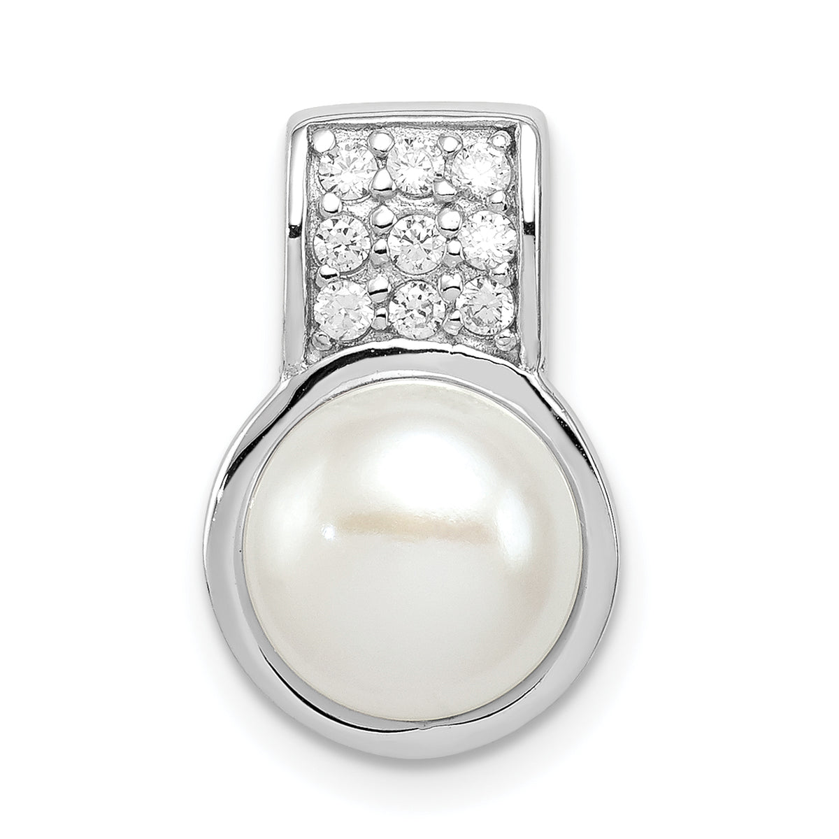 Sterling Silver Rhodium Plated CZ White FW Cultured Pearl Pendant