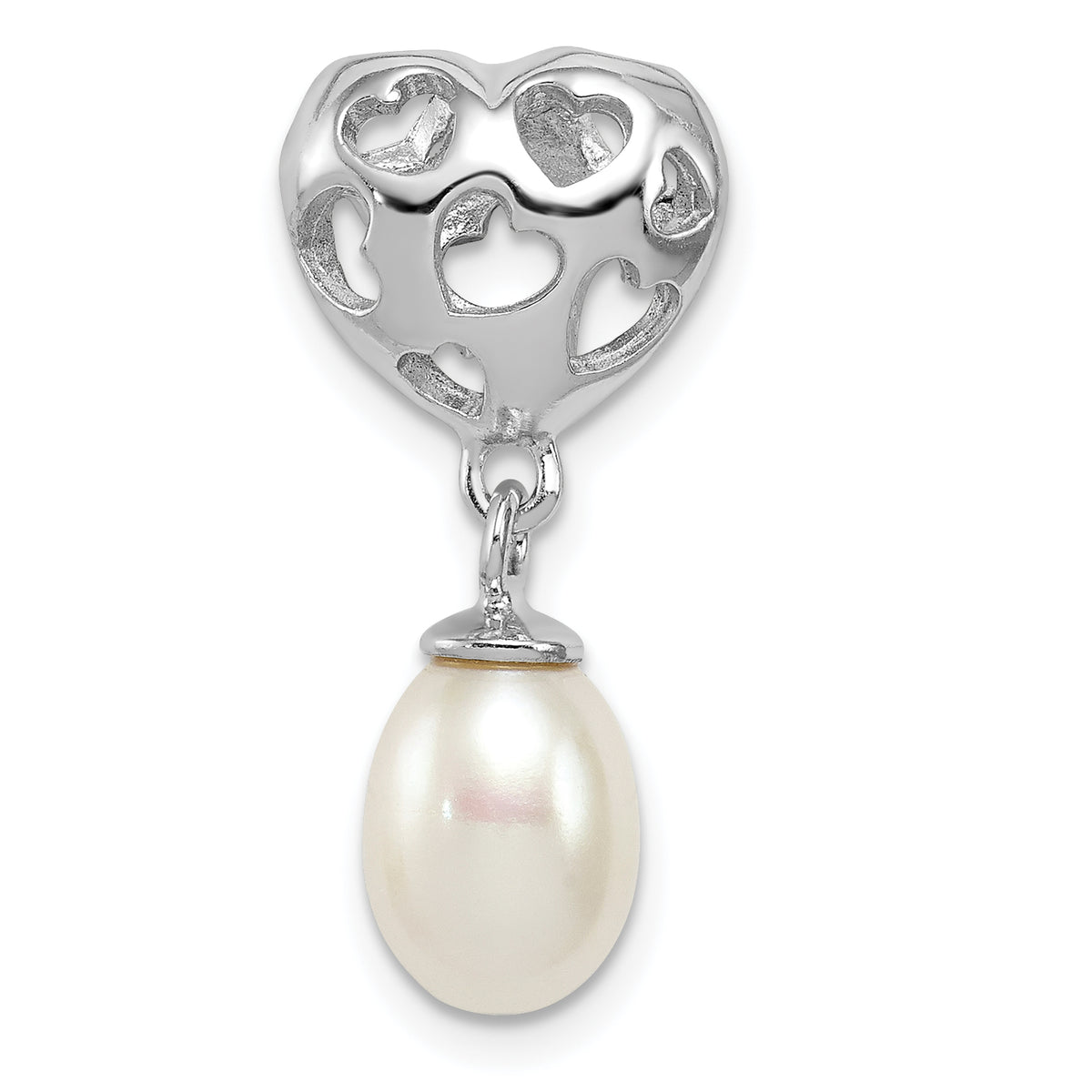 Sterling Silver Rhod Plated Heart & White FW Cultured Pearl Slide