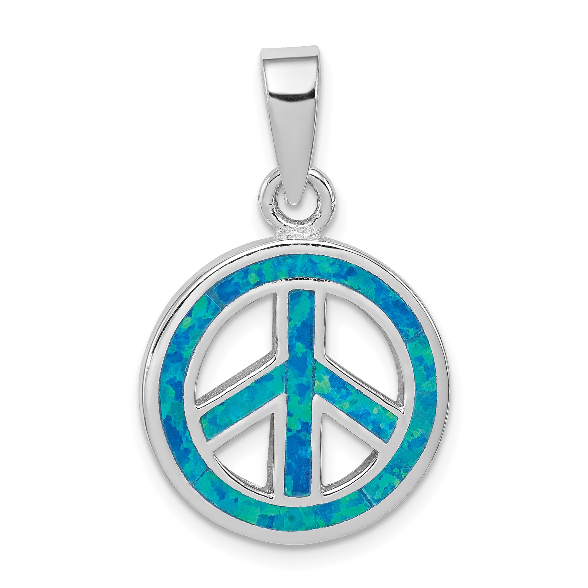 Sterling Silver Blue Inlay Created Opal  Peace Sign Pendant