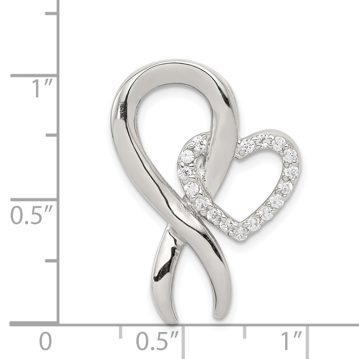 Sterling Silver Rhod-plated CZ Heart/Breast Cancer Ribbon Chain Slide