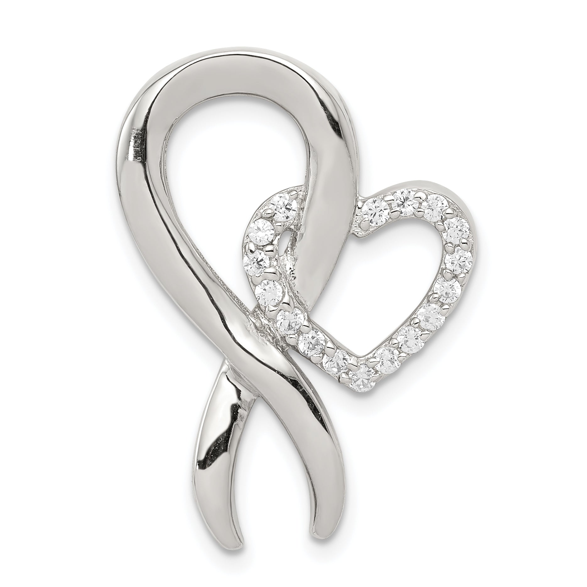 Sterling Silver Rhod-plated CZ Heart/Breast Cancer Ribbon Chain Slide