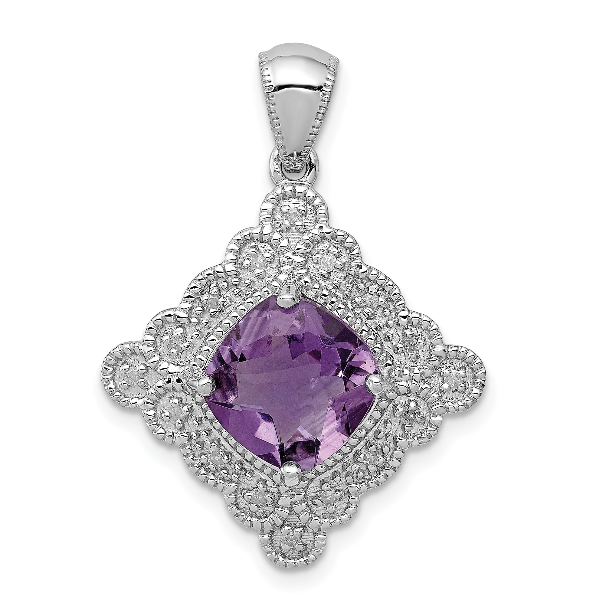 Sterling Silver Rhodium-plated Amethyst and Diamond Pendant