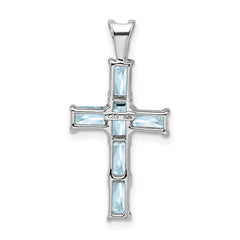 Sterling Silver Rhodium Plated Aquamarine Cross Pendant