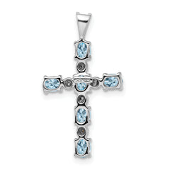 Sterling Silver Rhodium Plated Diamond & Aquamarine Cross Pendant