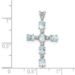 Sterling Silver Rhodium Plated Diamond & Aquamarine Cross Pendant