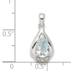 Sterling Silver Rhodium Plated Diamond and Aquamarine Pendant