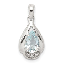 Sterling Silver Rhodium Plated Diamond and Aquamarine Pendant