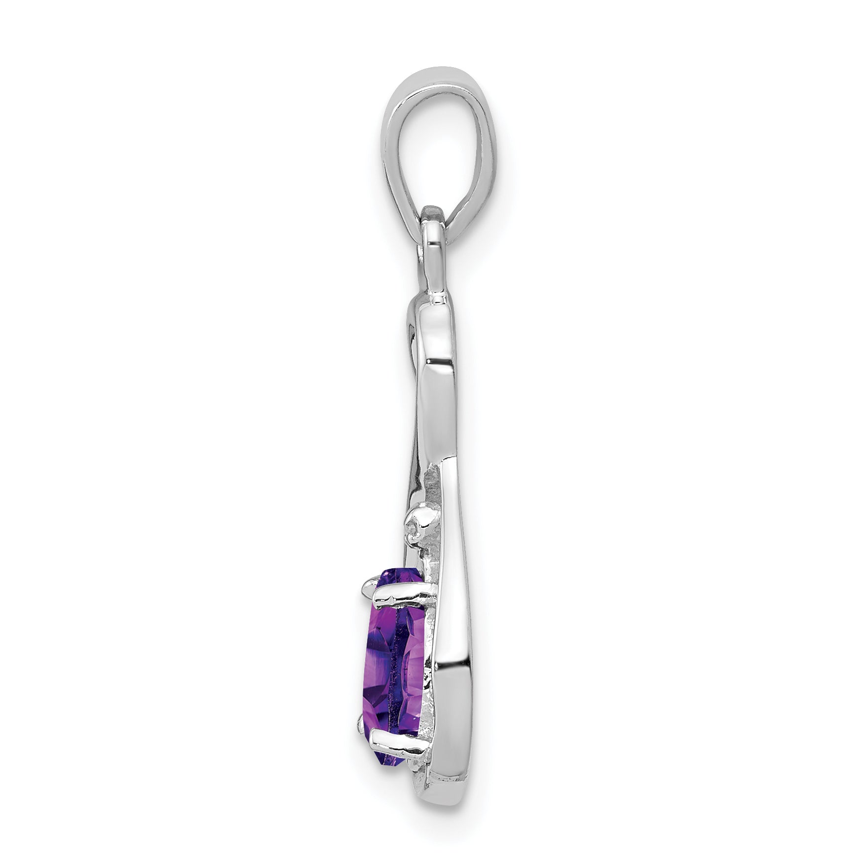 Sterling Silver Rhodium Plated Diamond and Amethyst Teardrop Pendant