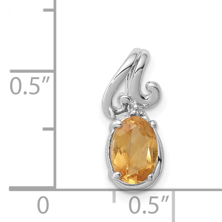 Sterling Silver Rhodium Plated Diamond & Citrine Oval Pendant