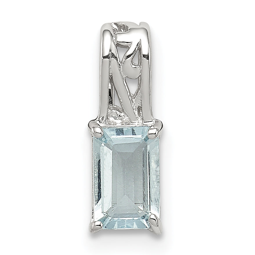 Sterling Silver Rhodium Plated Aquamarine Rectangle Pendant