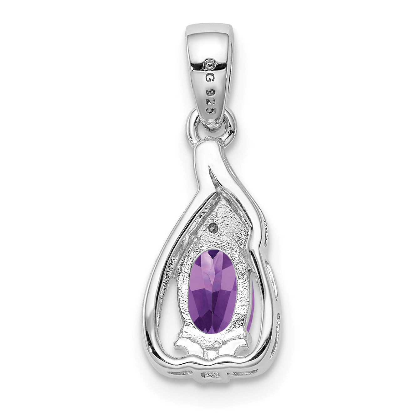 Sterling Silver Rhodium Plated Diamond and Amethyst Oval Pendant