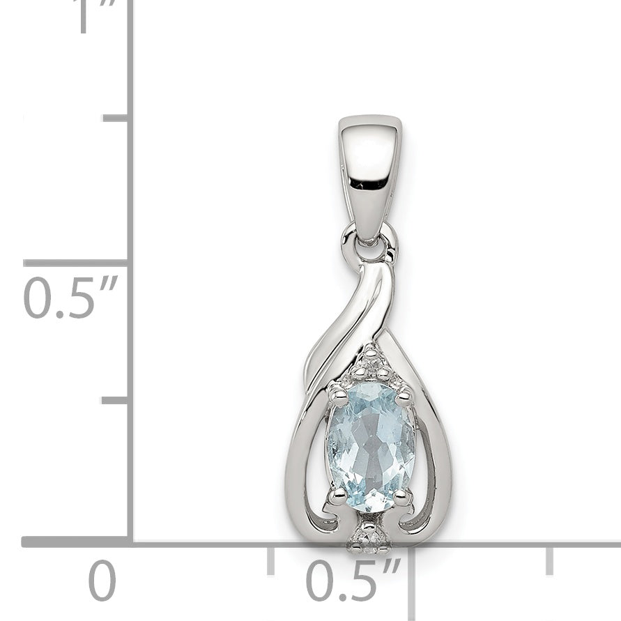 Sterling Silver Rhodium Plated Dia. & Aquamarine Oval Pendant