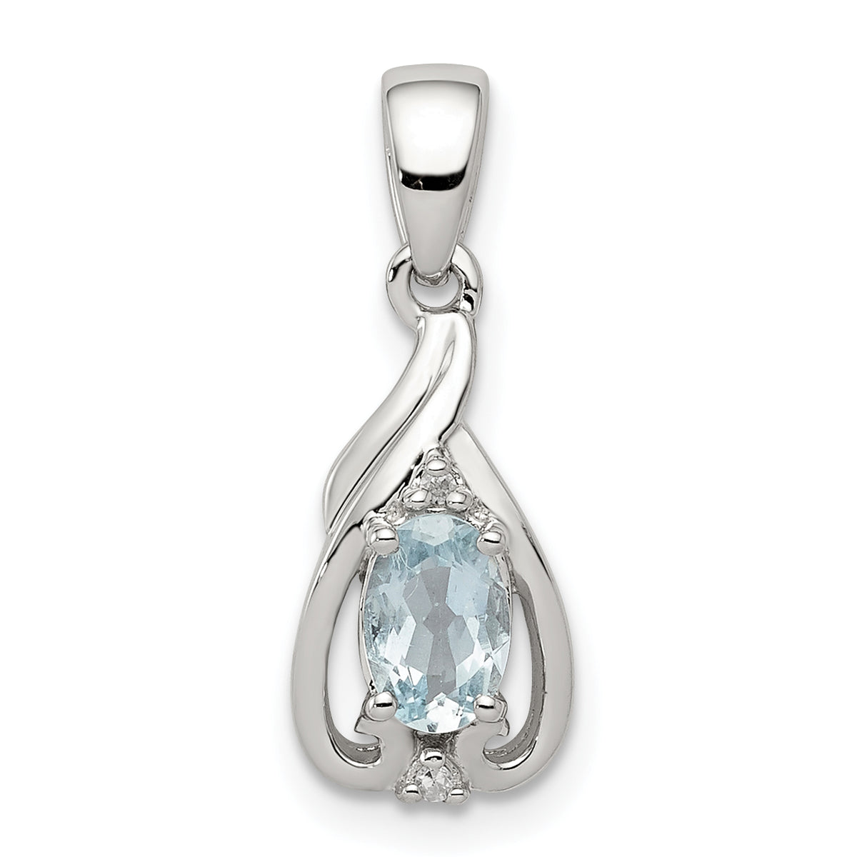 Sterling Silver Rhodium Plated Dia. & Aquamarine Oval Pendant