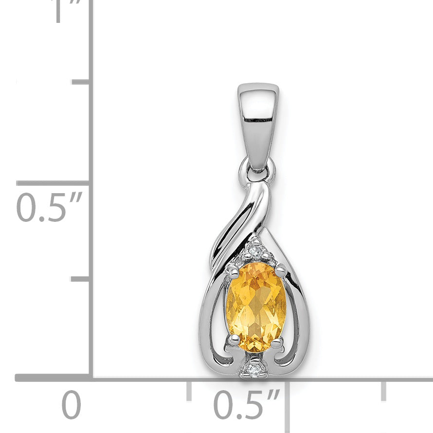 Sterling Silver Rhodium Plated Diamond & Citrine Oval Pendant