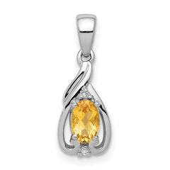 Sterling Silver Rhodium Plated Diamond & Citrine Oval Pendant