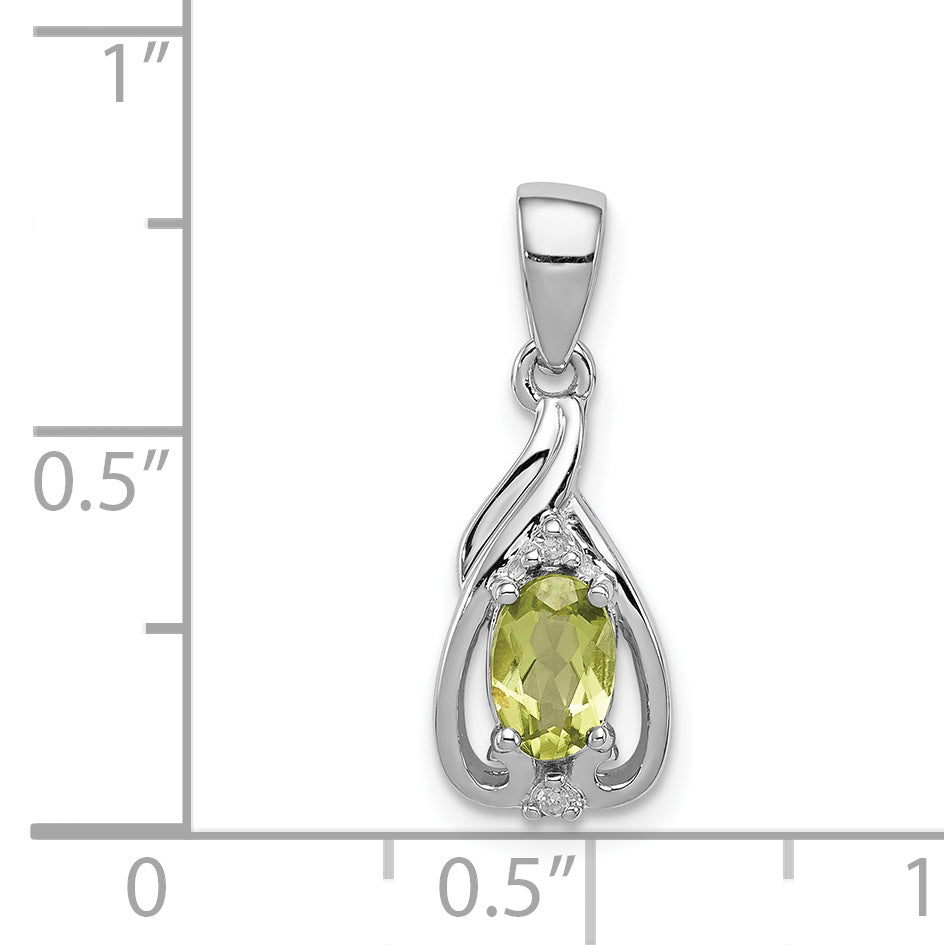 Sterling Silver Rhodium Plated Diamond and Peridot Oval Pendant