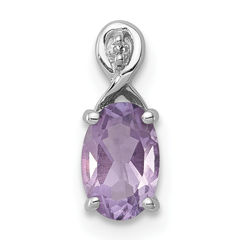 Sterling Silver Rhodium Plated Diamond and Amethyst Oval Pendant