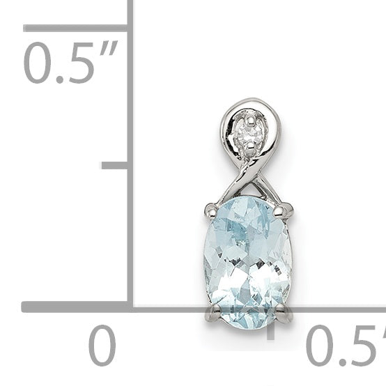 Sterling Silver Rhodium Plated Dia. & Aquamarine Oval Pendant