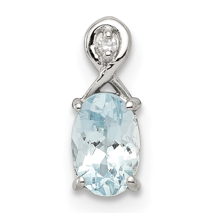 Sterling Silver Rhodium Plated Dia. & Aquamarine Oval Pendant