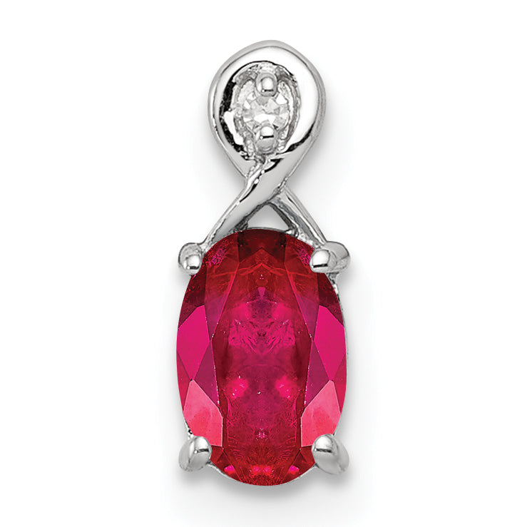 Sterling Silver Rhodium Plated Diamond & Ruby Oval Pendant