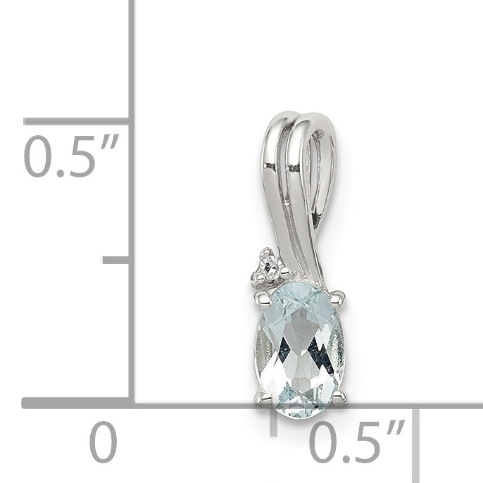 Sterling Silver Rhodium Plated Diamond Aquamarine Oval Pendant