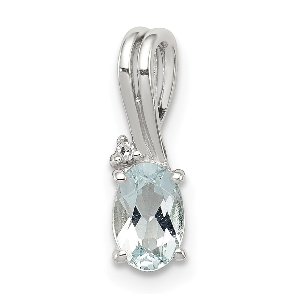 Sterling Silver Rhodium Plated Diamond Aquamarine Oval Pendant