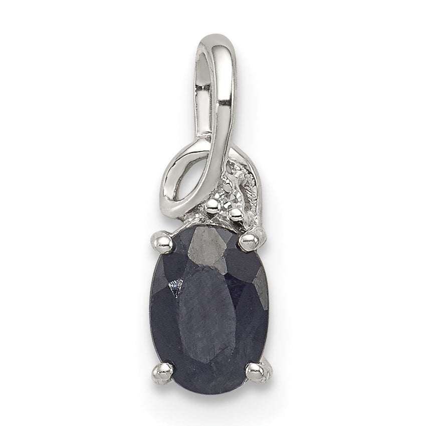 Sterling Silver Rhodium Plated Diamond & Sapphire Oval Pendant