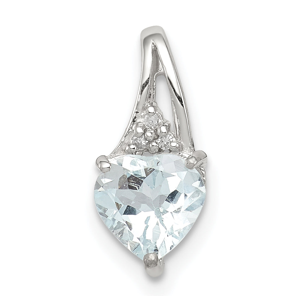 Sterling Silver Rhodium Plated Dia. & Aquamarine Heart Pendant