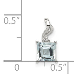 Sterling Silver Rhodium Plated Dia. & Aquamarine Square Pendant