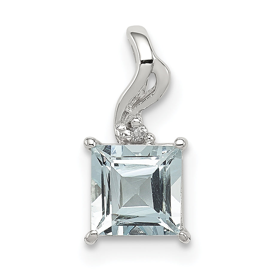 Sterling Silver Rhodium Plated Dia. & Aquamarine Square Pendant