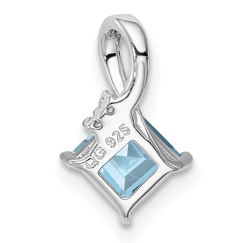 Sterling Silver Rhodium Plated Dia. & Aquamarine Square Pendant