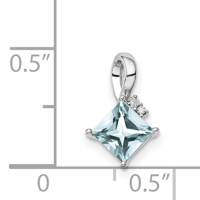 Sterling Silver Rhodium Plated Dia. & Aquamarine Square Pendant